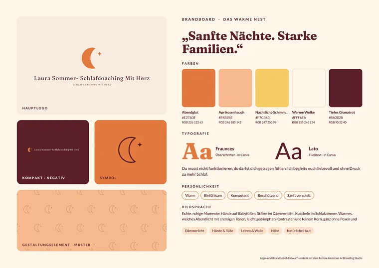 Brandboard des fiktiven Beispiel-Business Laura Sommer Schlafcoaching
