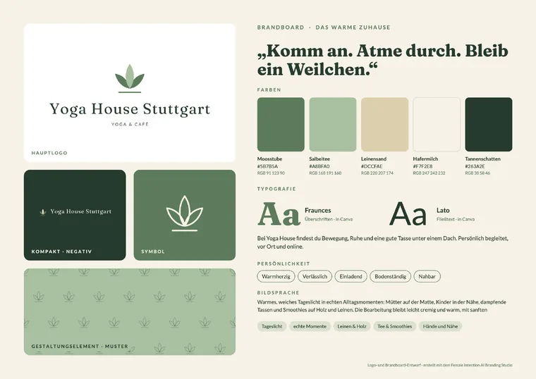 Brandboard des fiktiven Beispiel-Business Yoga House Stuttgart
