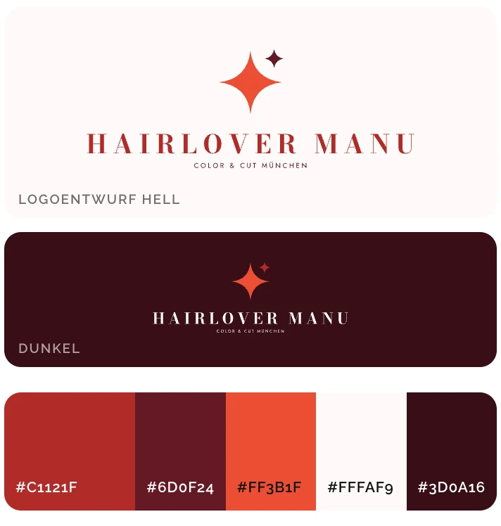 Konzept Rote Rebellion für HairLover Manu: Logo hell und dunkel und Farbpalette