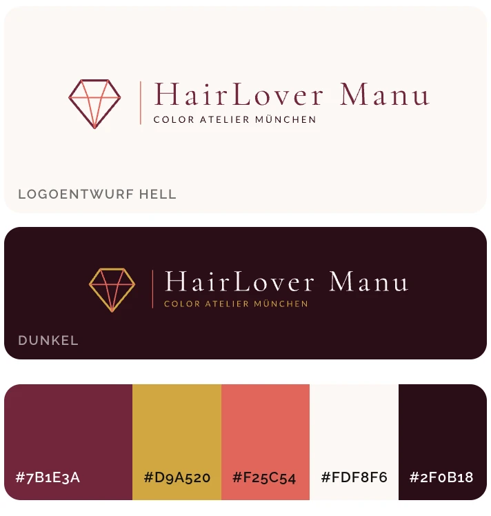 Konzept Atelier Couture für HairLover Manu: Logo hell und dunkel und Farbpalette