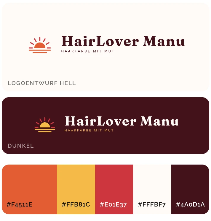 Konzept Sunburst Statement für HairLover Manu: Logo hell und dunkel und Farbpalette